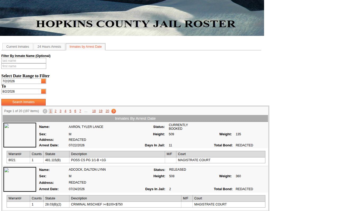 Hopkins County inmates by arrest date search
