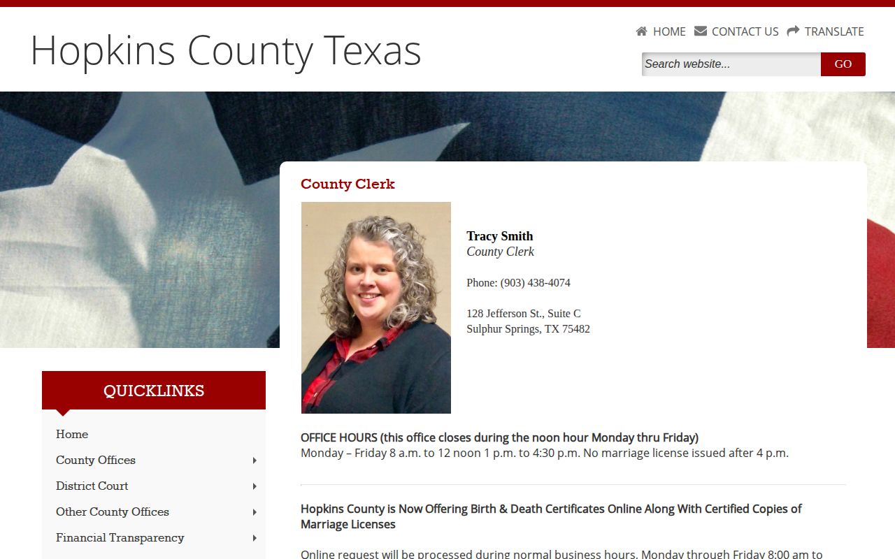 Hopkins County Clerk record contact page