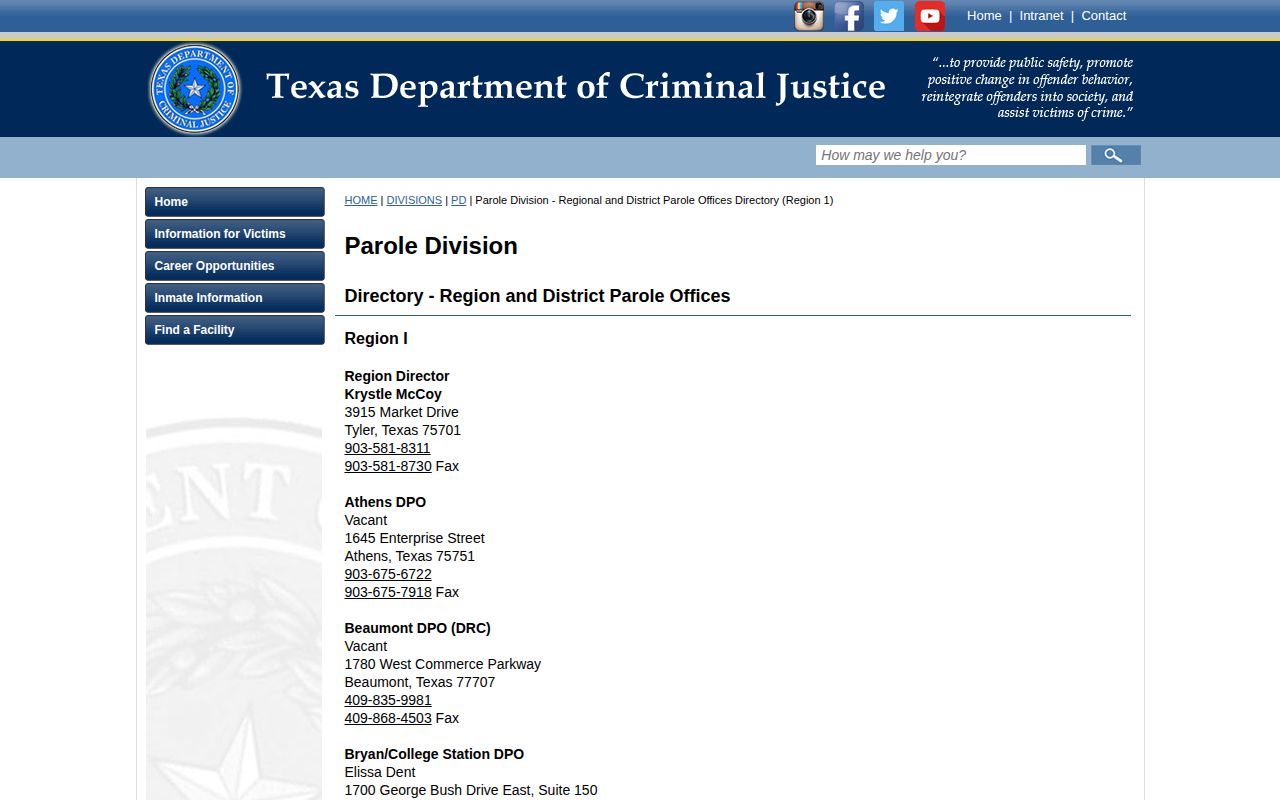 Paris District Parole Office for Hopkins County TDCJ releases