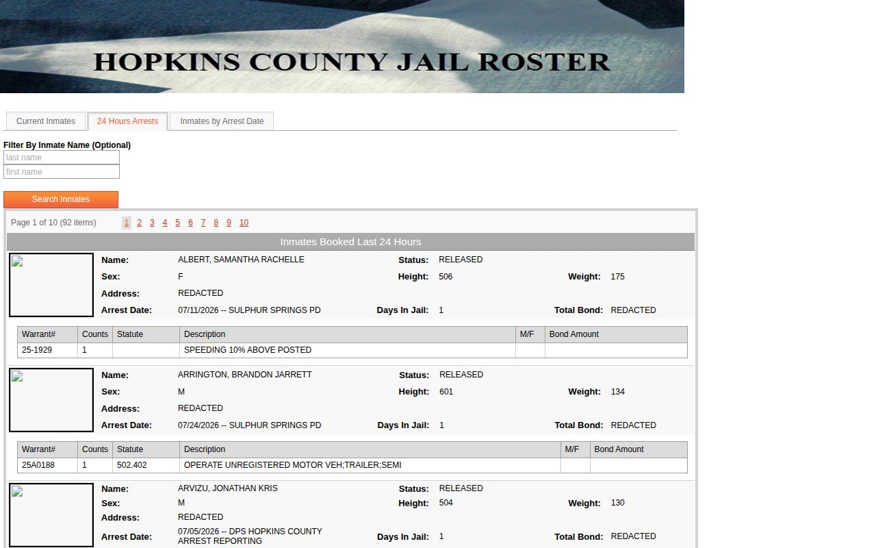 Hopkins County 24 Hours Arrests vendor page with released status rows
