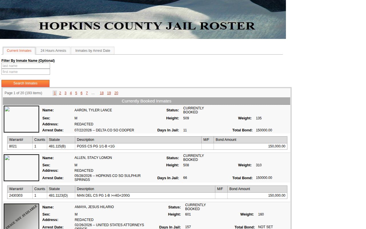 Hopkins County current inmate vendor with booking photo fields