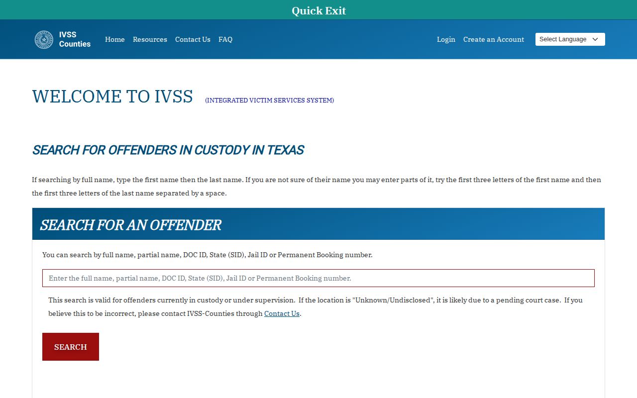 Texas IVSS-Counties offender search and notification entry